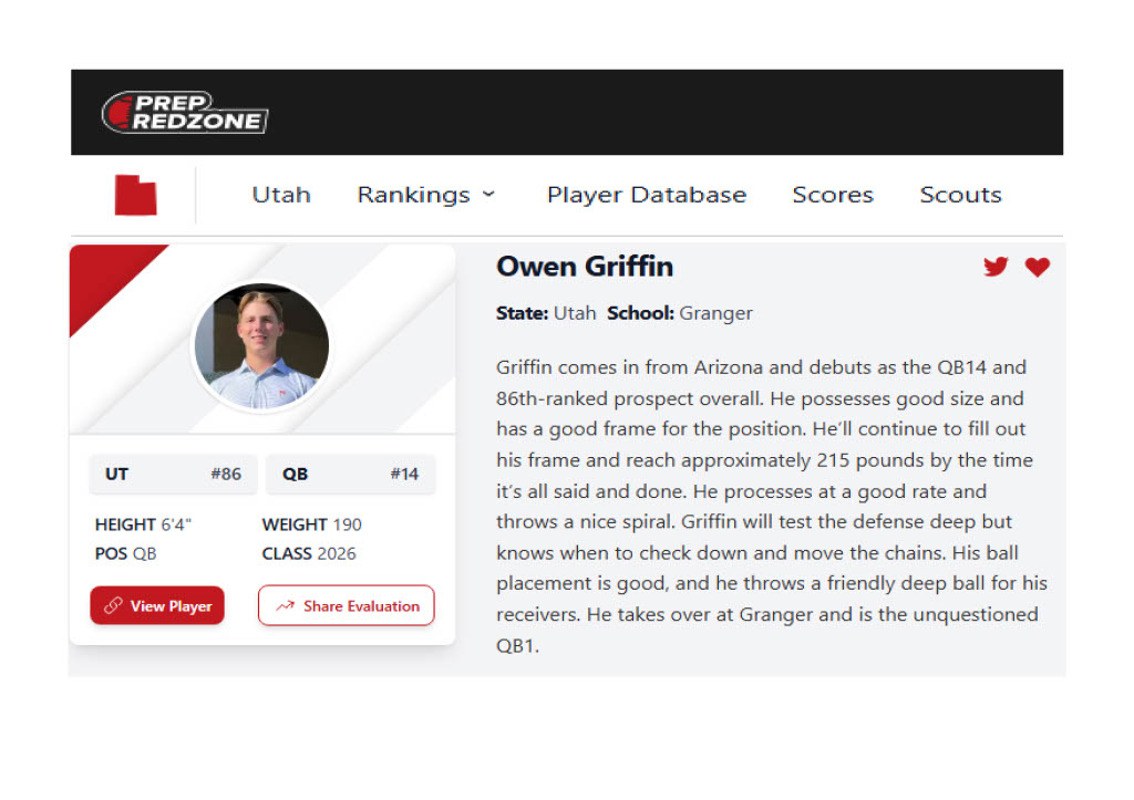 Owen Griffin (@owengriffinaz) on Twitter photo Thank you <a href="/PrepRedzoneUT/">Prep Redzone Utah</a> 2026 Rankings: New Additions
Owen Griffin prepredzone.com/player/owen-gr…
Back to work! <a href="/GrangerHS/">Granger High School-Official</a> <a href="/GrangerFB_WVC/">Granger Football</a> <a href="/granger_lancers/">Granger High School Football</a> <a href="/petesmolin/">Pete Smolin</a> <a href="/WardCoach/">Coach Ward</a>
<a href="/GroundUpQB/">GROUND UP</a> <a href="/chris_streveler/">Chris Streveler</a> <a href="/CoachDez03/">Matt Mendez</a> <a href="/PeteKnow_/">PeteKnow</a> <a href="/JUSTCHILLY/">Just Chilly</a> <a href="/CodyTCameron/">Cody Cameron</a> <a href="/BJMedia1/">BJ Media</a> <a href="/azc_obert/">Richard Obert</a> Thank you <a href="/PrepRedzoneUT/">Prep Redzone Utah</a> 2026 Rankings: New Additions
Owen Griffin prepredzone.com/player/owen-gr…
Back to work! <a href="/GrangerHS/">Granger High School-Official</a> <a href="/GrangerFB_WVC/">Granger Football</a> <a href="/granger_lancers/">Granger High School Football</a> <a href="/petesmolin/">Pete Smolin</a> <a href="/WardCoach/">Coach Ward</a>
<a href="/GroundUpQB/">GROUND UP</a> <a href="/chris_streveler/">Chris Streveler</a> <a href="/CoachDez03/">Matt Mendez</a> <a href="/PeteKnow_/">PeteKnow</a> <a href="/JUSTCHILLY/">Just Chilly</a> <a href="/CodyTCameron/">Cody Cameron</a> <a href="/BJMedia1/">BJ Media</a> <a href="/azc_obert/">Richard Obert</a>