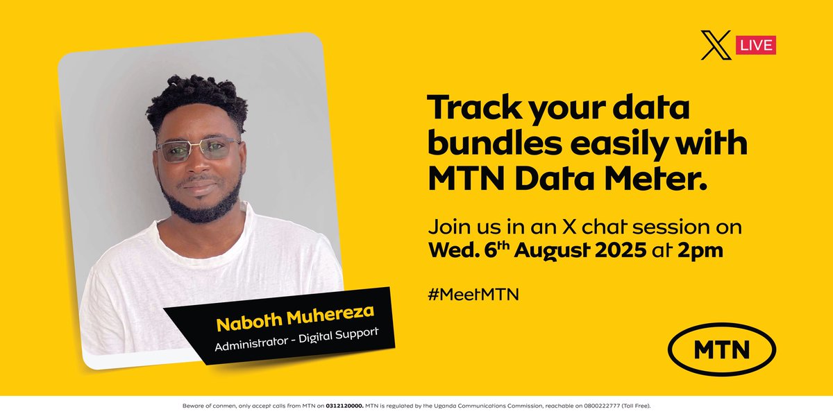 Do you want to know where your data goes?

Join us for a live X chat with Naboth Muhereza this Wednesday, 6th August at 2pm as we break down how the MTN Data Meter helps you track your bundles easily.