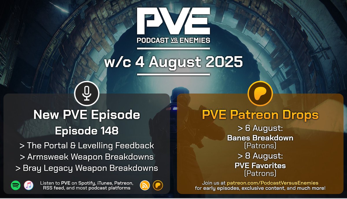 Podcast Versus Enemies ๐๏ธ (@podvsenemies) on Twitter photo ๐๏ธ PVE Episode 148 this week! The lads be yappin' and we kickstart our usual Gear Breakdowns with Armsweek and New Bray Legacy weapons.
Patrons can listen early when it goes live later today.
Patreon this week:
๐  Weds: Banes Breakdown (Patrons)
๐  Fri: PVE Favorites (Patrons) ๐๏ธ PVE Episode 148 this week! The lads be yappin' and we kickstart our usual Gear Breakdowns with Armsweek and New Bray Legacy weapons.
Patrons can listen early when it goes live later today.
Patreon this week:
๐  Weds: Banes Breakdown (Patrons)
๐  Fri: PVE Favorites (Patrons)