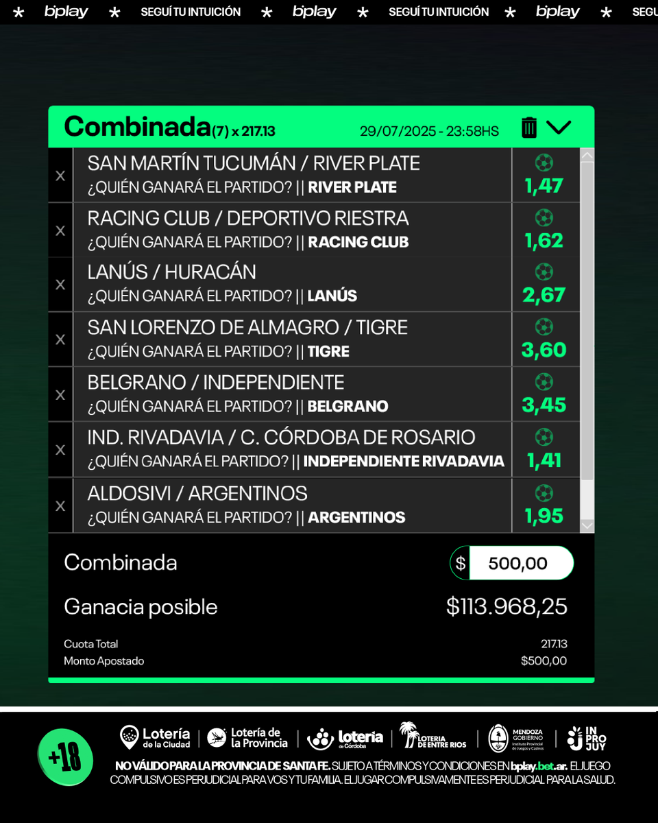 🔥 ¡QUÉ LOCURA ESTA JUGADA! 💰

Uno como vos la rompió y cobró en grande.

👀 ¿Te animás a ganar vos? 👉 #SeguiTuIntuicion en bplay.bet.ar