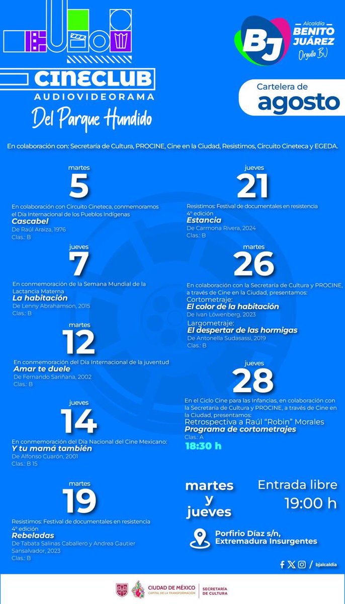 Te dejamos la cartelera de nuestras noches de Audiovideorama en el Parque Hundido. 🎥
Ven y disfruta con amigos y familia de grandes títulos. 🍿
¡Te esperamos!