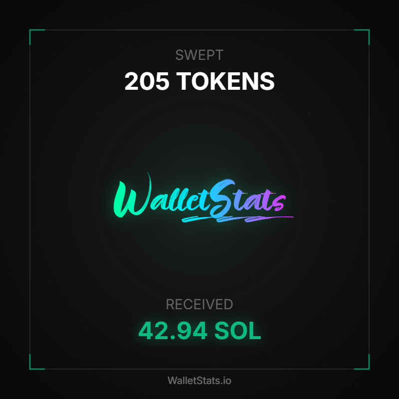 🧹 Just swept 205 tokens into 42.94 SOL using <a href="/WalletStats/">WalletStats</a>!

✨ One-click token consolidation
💰 Best rates via <a href="/JupiterExchange/">Jupiter</a>
🚀 Saved time &amp; gas fees

Try it yourself: walletstats.io