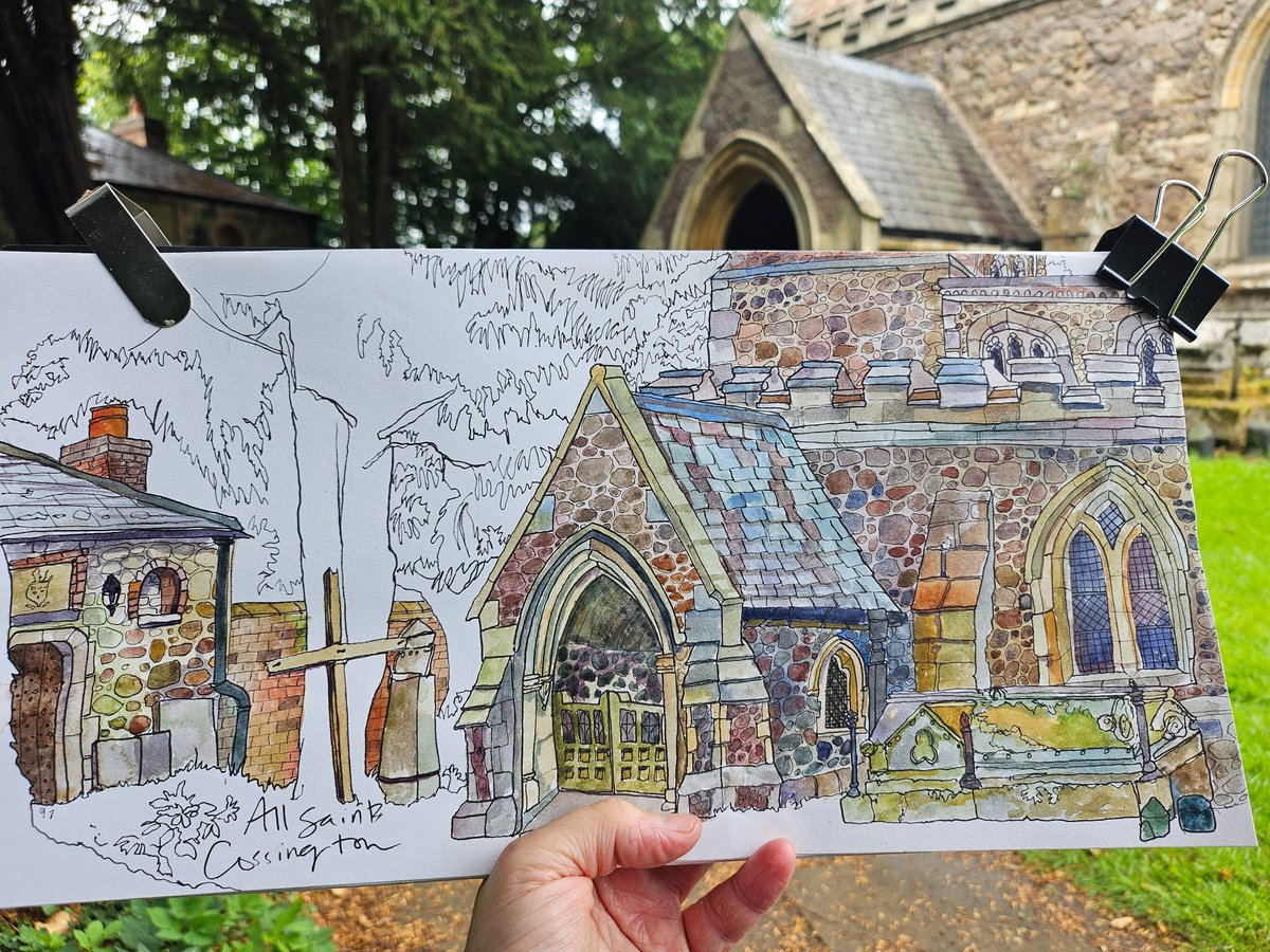 All Saints church, Cossington 
Loved loved loved this corner viewpoint with the church room building, rustic wooden cross leant up against an old tree, stunning doorway and tomb. It has everything! 
#artpilgrimage #leicestershire #leicscofe #churcharchitecture #churchdrawing