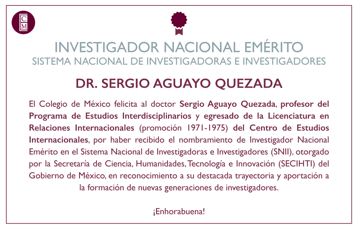 CEI Colmex (@ceicolmex) on Twitter photo Felicitamos al Dr. Sergio Aguayo (<a href="/sergioaguayo/">Sergio Aguayo</a>) por su nombramiento como Investigador Nacional Emérito en el Sistema Nacional de Investigadoras e Investigadores.
¡Enhorabuena! 🎉 Felicitamos al Dr. Sergio Aguayo (<a href="/sergioaguayo/">Sergio Aguayo</a>) por su nombramiento como Investigador Nacional Emérito en el Sistema Nacional de Investigadoras e Investigadores.
¡Enhorabuena! 🎉