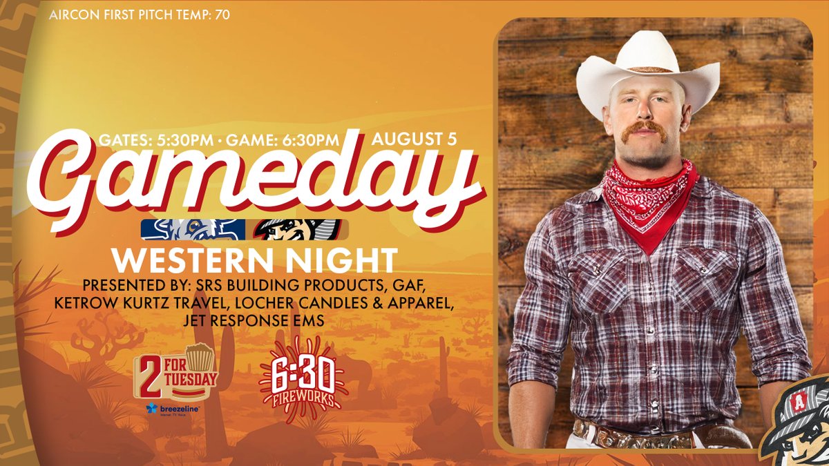 Tonight, PNG Field is turning into the wild wild west! Come dressed in your best country look and tie those lasso's 🐎🤠

Tickets here: ticketmaster.com/event/0200624C…