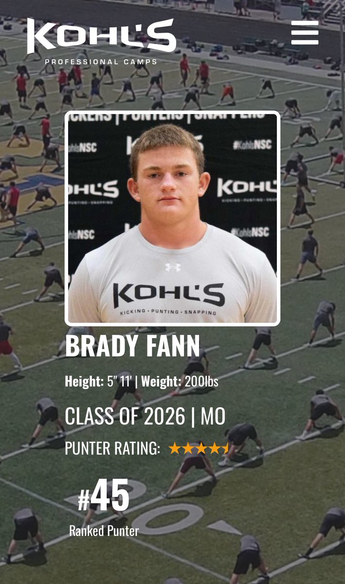 Brady Fann (@fannbrady86083) on Twitter photo 4.5 ⭐️ Punter! Had a great weekend a couple weekends back at the <a href="/KohlsKicking/">Kohl's Kicking Camps</a> National Scholarship camp. Had a big ball of 63 4.82. Looking forward to a huge senior season!
<a href="/sixstarfootball/">Six Star Football | PLUS+</a> <a href="/MidRecruiting/">Prep “Football” Mid Missouri Recruiting</a> <a href="/JPRockMO/">JP Rock</a> <a href="/573SportNetwork/">573 SN📢</a> <a href="/MidMOHSFB/">Mid-Mo HS Football</a> 4.5 ⭐️ Punter! Had a great weekend a couple weekends back at the <a href="/KohlsKicking/">Kohl's Kicking Camps</a> National Scholarship camp. Had a big ball of 63 4.82. Looking forward to a huge senior season!
<a href="/sixstarfootball/">Six Star Football | PLUS+</a> <a href="/MidRecruiting/">Prep “Football” Mid Missouri Recruiting</a> <a href="/JPRockMO/">JP Rock</a> <a href="/573SportNetwork/">573 SN📢</a> <a href="/MidMOHSFB/">Mid-Mo HS Football</a>