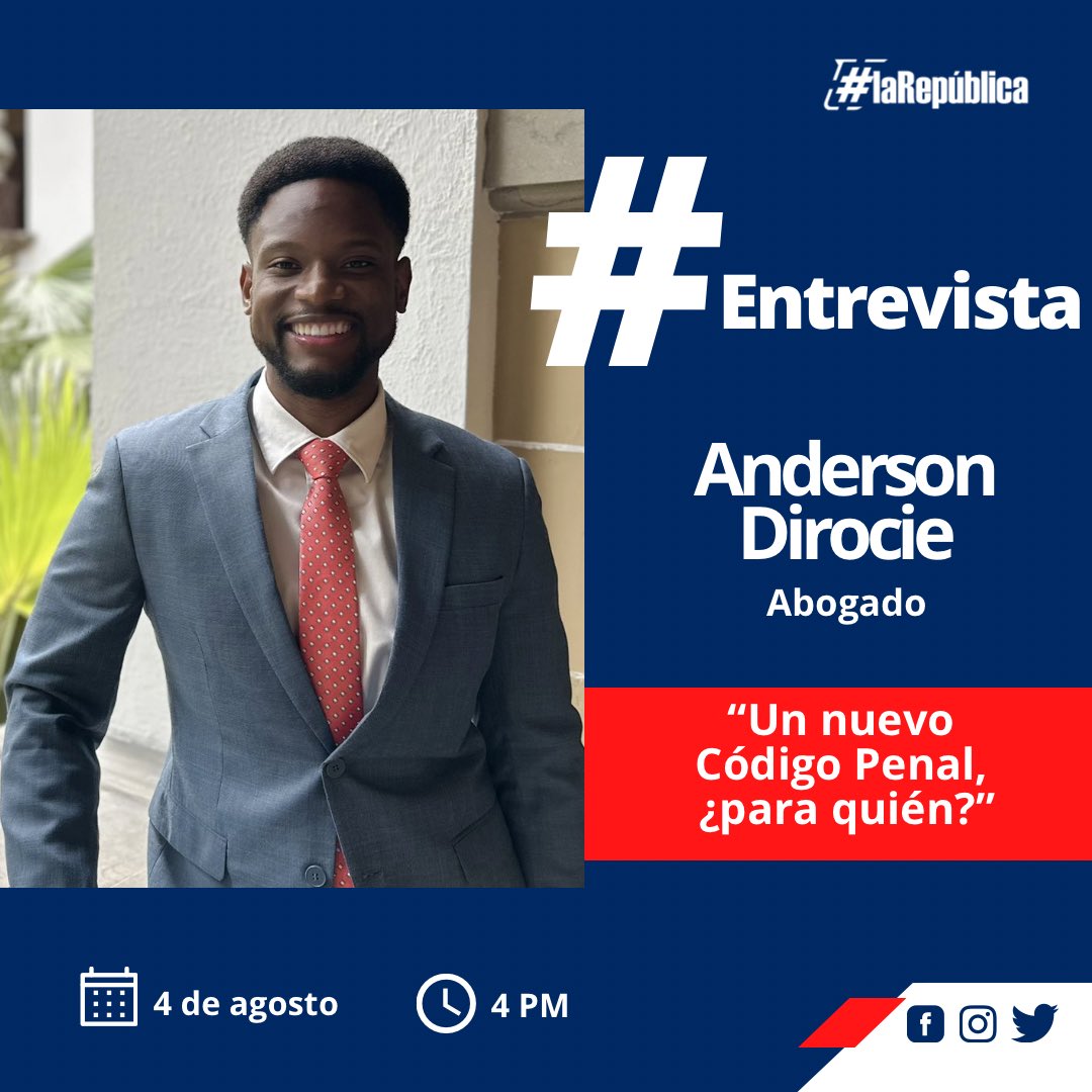 La República Radio (@larepradio) on Twitter photo ‘Un nuevo #CódigoPenal, ¿para quién?’ HOY en #LaRepúblicaRadio conversamos con el abogado Anderson Dirocie a propósito de la reciente promulgación de esta pieza legislativa.
A partir de las 4pm por La Nota 95.7fm 📻🎙️
<a href="/BaezDerik/">Derik Báez Torres</a> <a href="/RDelgadilllo/">Ramieri Delgadillo Santana | Periodista</a> <a href="/AndersonDirocie/">Anderson J. Dirocie D. (He/Him)</a> ‘Un nuevo #CódigoPenal, ¿para quién?’ HOY en #LaRepúblicaRadio conversamos con el abogado Anderson Dirocie a propósito de la reciente promulgación de esta pieza legislativa.
A partir de las 4pm por La Nota 95.7fm 📻🎙️
<a href="/BaezDerik/">Derik Báez Torres</a> <a href="/RDelgadilllo/">Ramieri Delgadillo Santana | Periodista</a> <a href="/AndersonDirocie/">Anderson J. Dirocie D. (He/Him)</a>