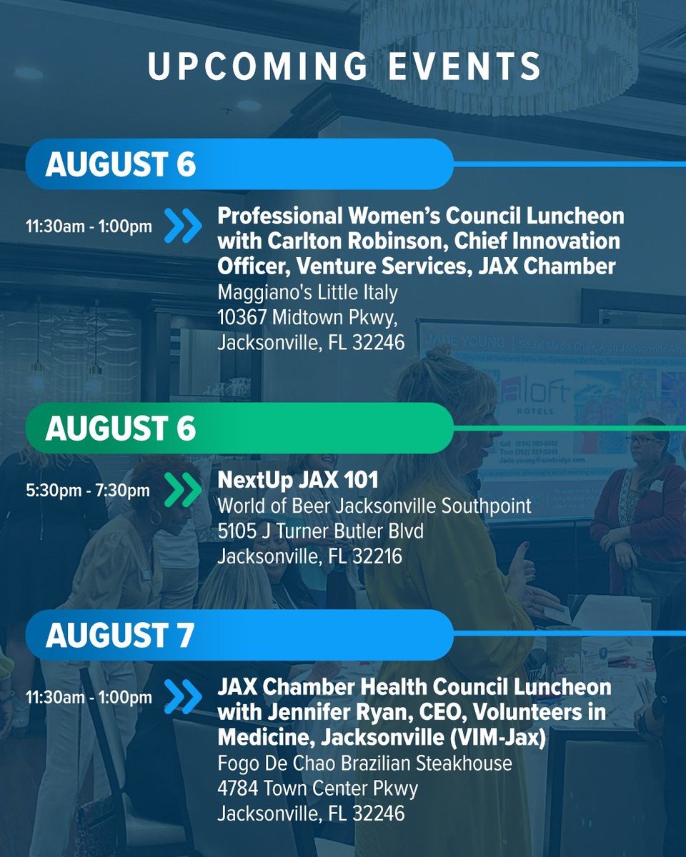 JAX Chamber (@jaxchamber) on Twitter photo Check out Chamber's agenda for this week!
📅 August 6 - @pwcjax Luncheon with Carlton Robinson, Chief Innovation Officer, Venture Services, JAX Chamber Time: 11:30am - 1:00pm
📅 August 6 - <a href="/nextupjax/">NextUp JAX</a> 101 Time: 5:30pm - 7:30pm 📅 August 7 - @jaxchamberhc Luncheon with Jennifer Check out Chamber's agenda for this week!
📅 August 6 - @pwcjax Luncheon with Carlton Robinson, Chief Innovation Officer, Venture Services, JAX Chamber Time: 11:30am - 1:00pm
📅 August 6 - <a href="/nextupjax/">NextUp JAX</a> 101 Time: 5:30pm - 7:30pm 📅 August 7 - @jaxchamberhc Luncheon with Jennifer