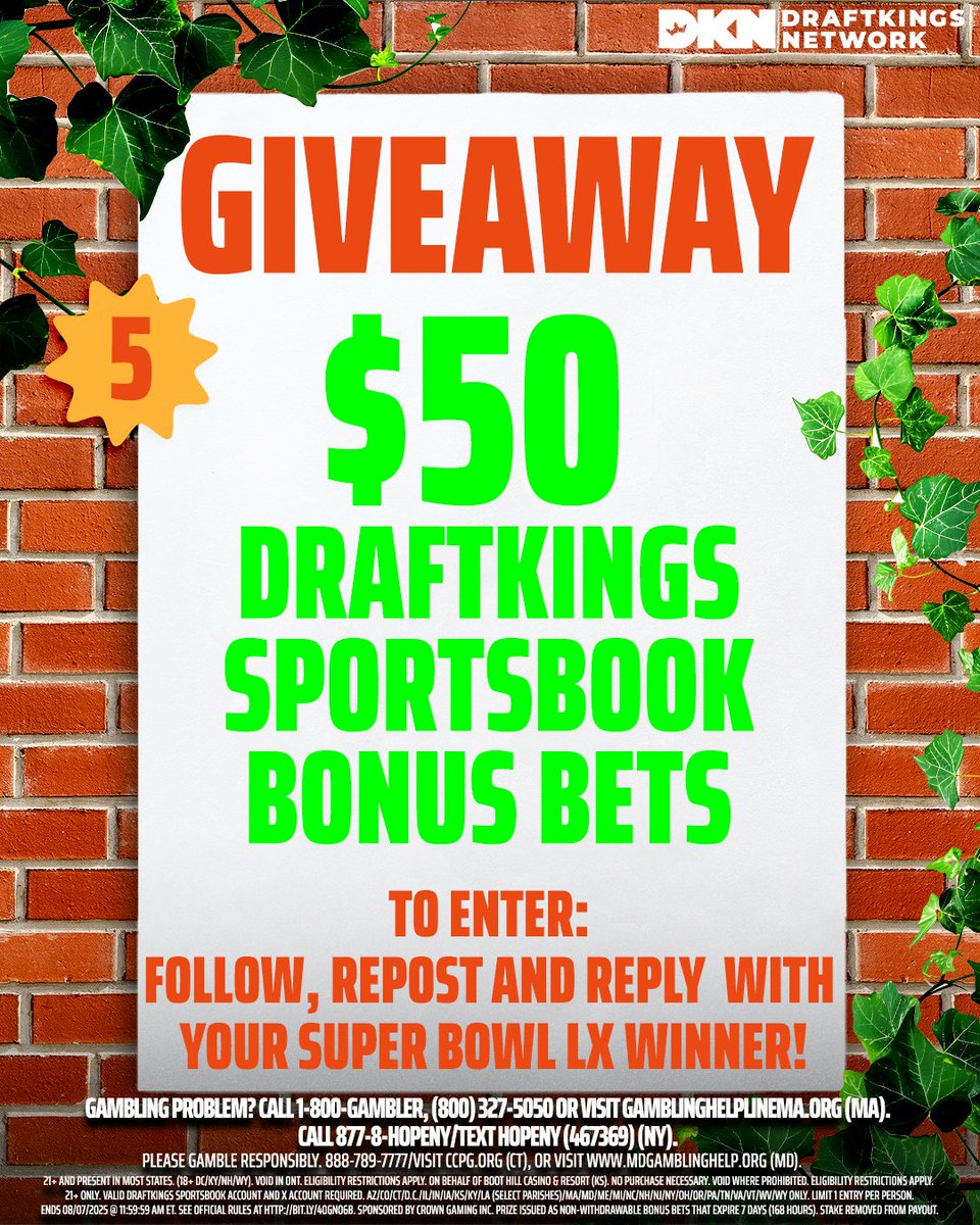 DraftKings Network (@dknetwork) on Twitter photo You know what time it is. #GiveawayTuesdays has RETURNED!!
Five $50 <a href="/DKSportsbook/">DraftKings Sportsbook</a> bonus bets are up for grabs 👀
To Enter:
1) Follow <a href="/DKNetwork/">DraftKings Network</a>
2) Repost this post
3) Reply with your Super Bowl LX winner
Ends 8/7 noon ET. T&C: bit.ly/40DCuOu You know what time it is. #GiveawayTuesdays has RETURNED!!
Five $50 <a href="/DKSportsbook/">DraftKings Sportsbook</a> bonus bets are up for grabs 👀
To Enter:
1) Follow <a href="/DKNetwork/">DraftKings Network</a>
2) Repost this post
3) Reply with your Super Bowl LX winner
Ends 8/7 noon ET. T&C: bit.ly/40DCuOu