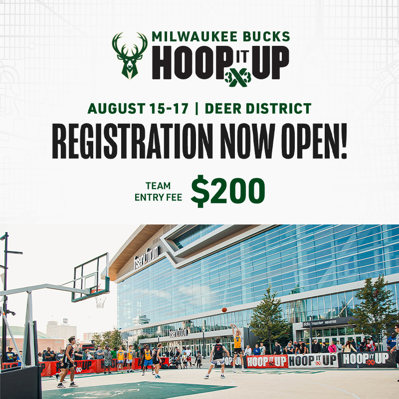 Bucks's tweet photo. Hoop It Up returns to @DeerDistrict Aug. 15-17! 🏀 

Don’t miss your chance to compete in Milwaukee’s biggest 3x3 tournament.