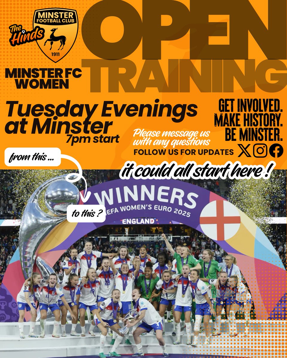 MINSTER FC WOMEN - OPEN TRAINING ⚽

Our Tuesday nights are still open to all players interested in joining Minster FC Women

All welcome - get in touch and let us know you're interested .. or just turn up on the Tuesday nights.

#mcmxi #thehinds #minsterfcwomen
<a href="/SECWFLnews/">SECWFL</a>