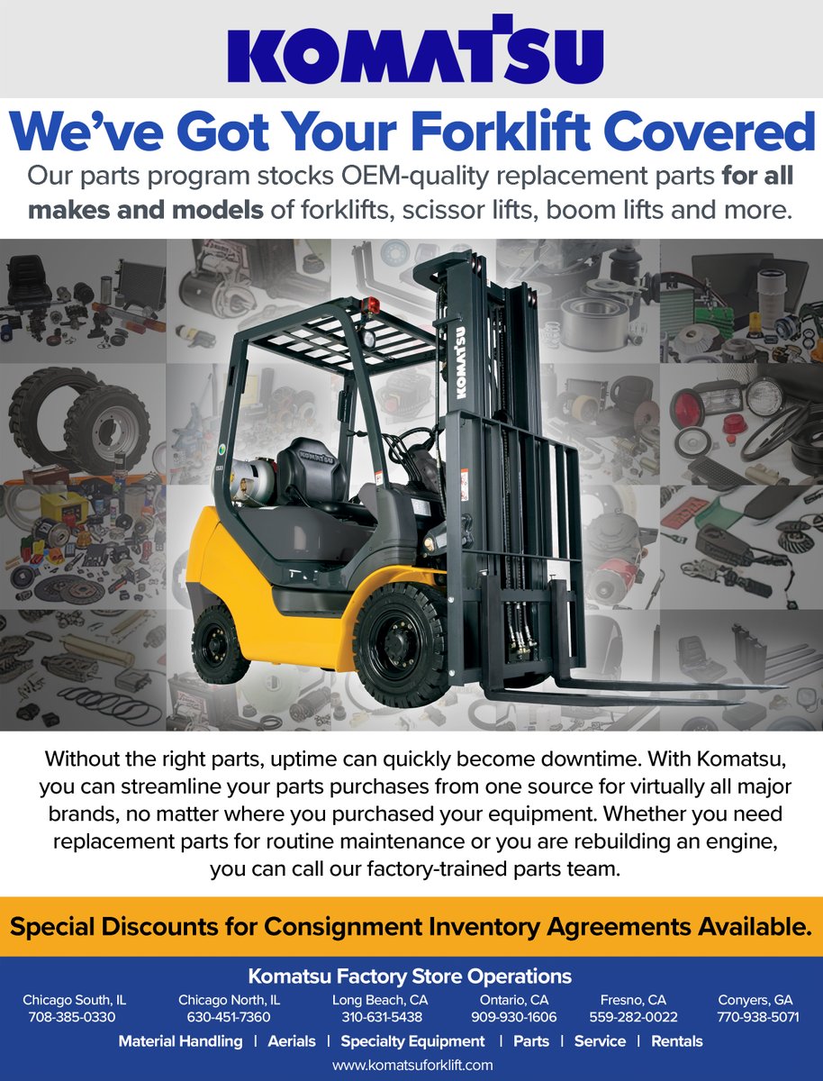 Without the right parts, uptime can quickly become downtime. Our #parts program stocks OEM-quality replacement parts for all makes and models of #forklifts, #ScissorLifts, #BoomLifts and more. With #Komatsu, you can streamline your parts purchases from one source.  #ForkliftParts