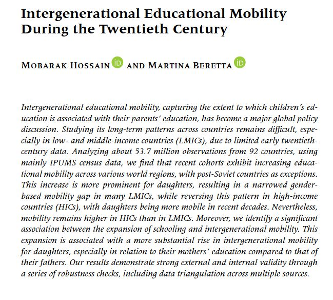 New article in Population and Development Review. We look at how intergenerational educational mobility shifted across the 20th century, drawing on data from 92 countries, predominantly LMICs. onlinelibrary.wiley.com/doi/10.1111/pa…