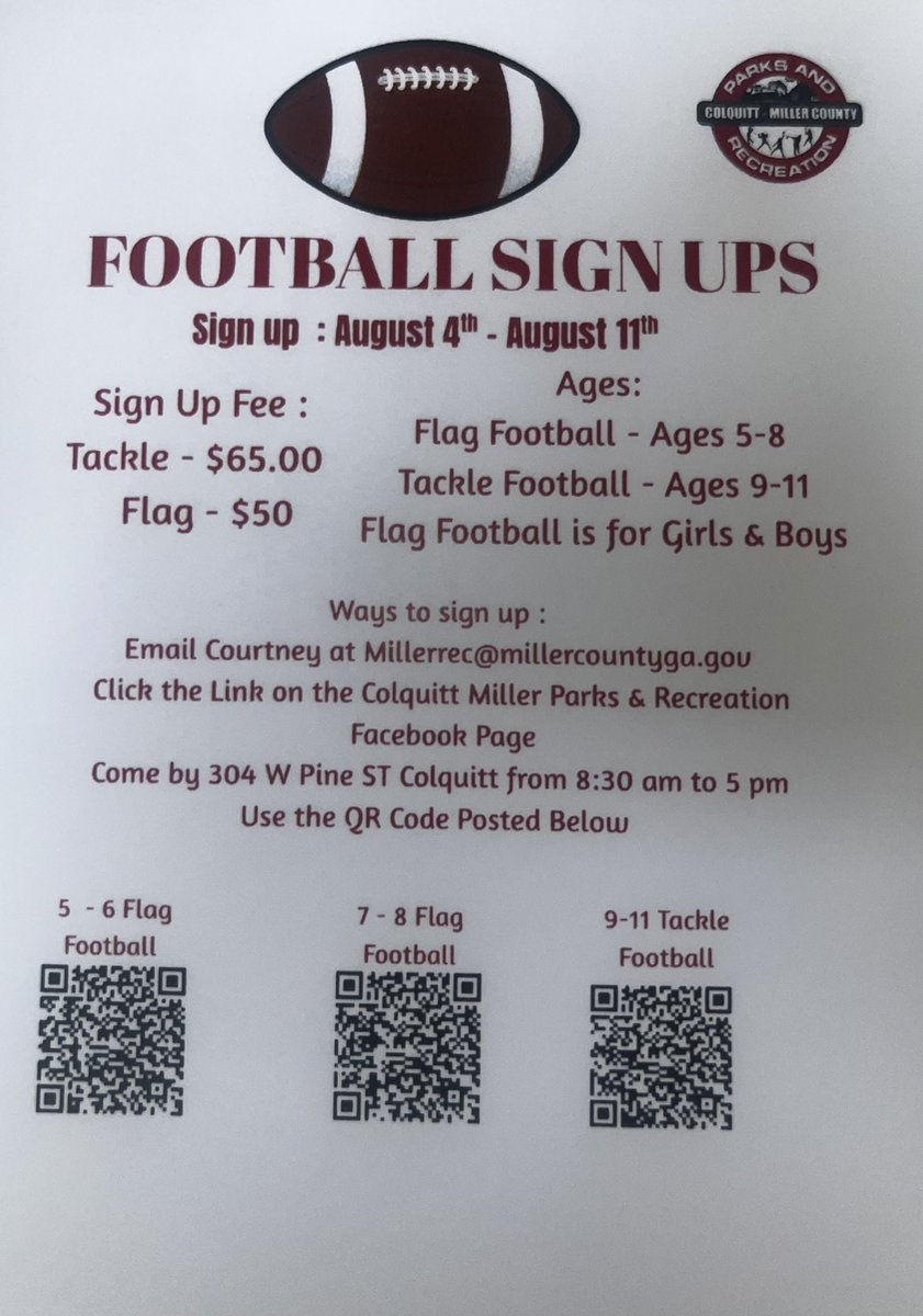 Come get signed up for youth football. 
<a href="/causey_tom/">Tom Causey 🏈</a>