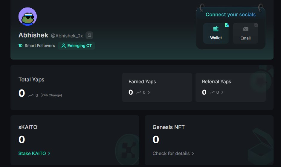 Abhishek (@abhishek_0x) on Twitter photo I finally hit the 10 smart followers mark on <a href="/KaitoAI/">Kaito AI ๐</a>.
Hope i get out the yap jail as well.๐ฅ I finally hit the 10 smart followers mark on <a href="/KaitoAI/">Kaito AI ๐</a>.
Hope i get out the yap jail as well.๐ฅ