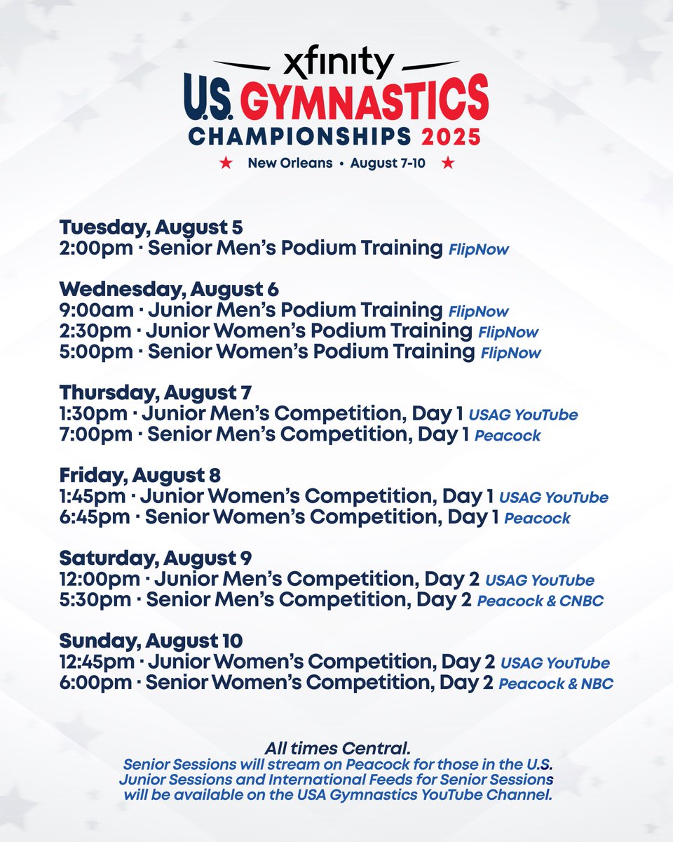 USAGym's tweet image. It’s #XfinityChamps week! 🥳

Preview the competition &amp;amp; see who will be vying for National Titles in New Orleans! ➡️ usagym.org/returning-star…