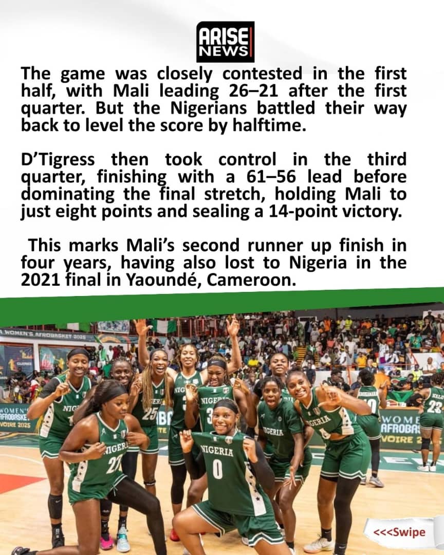 ARISEtv's tweet photo. Nigerian forward Amy Okonkwo has been named MVP of the 2025 FIBA Women’s AfroBasket after playing a key role in D’Tigress’ historic fifth straight title win.

The team is set to arrive in Abuja, trophy in hand following victory over Mali in the final.
Nigerian President Bola Tinubu has congratulated the champions saying he looks forward to welcoming them home.