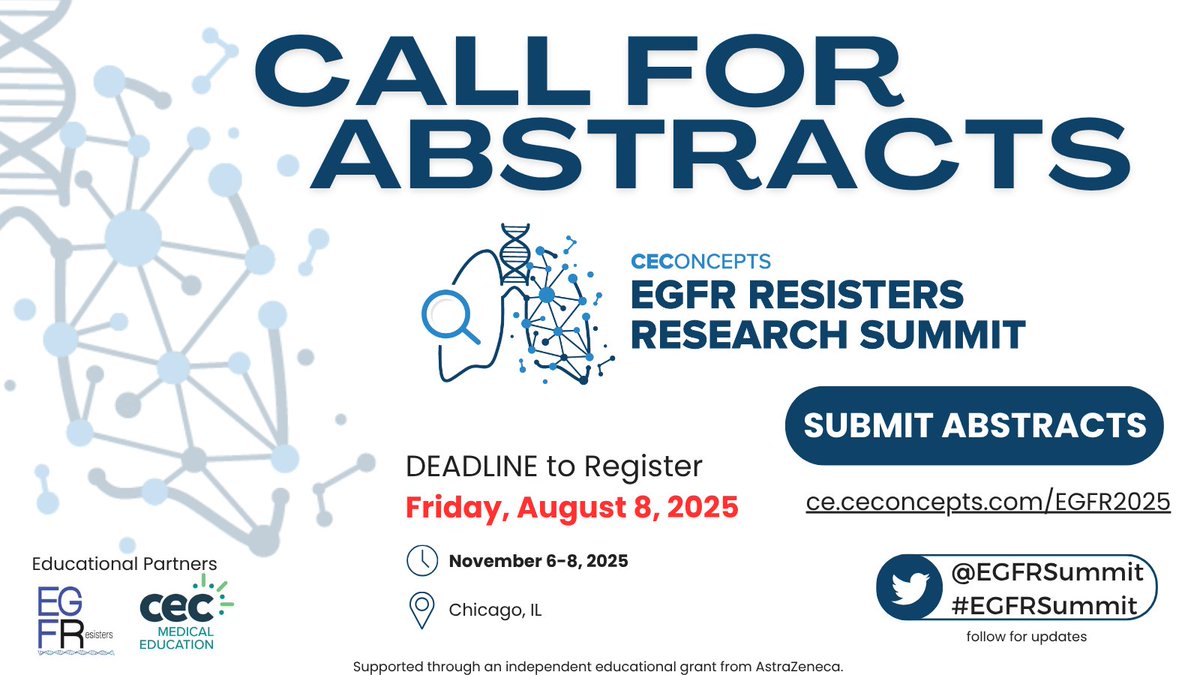 EGFR Resisters Research Summit (@egfrsummit) on Twitter photo 📣 FINAL WEEK to apply to the 7th Annual #EGFRSummit!
Calling all fellows, junior faculty & PhD candidates studying EGFRm lung cancer.
Submit your abstract or career statement by Friday, Aug 8 ceconcepts.com/egfr-summit
<a href="/ZPiotrowskaMD/">Zosia Piotrowska</a> <a href="/jillfeldman4/">Jill Feldman</a>
#LungCancerResearch #EGFR 📣 FINAL WEEK to apply to the 7th Annual #EGFRSummit!
Calling all fellows, junior faculty & PhD candidates studying EGFRm lung cancer.
Submit your abstract or career statement by Friday, Aug 8 ceconcepts.com/egfr-summit
<a href="/ZPiotrowskaMD/">Zosia Piotrowska</a> <a href="/jillfeldman4/">Jill Feldman</a>
#LungCancerResearch #EGFR
