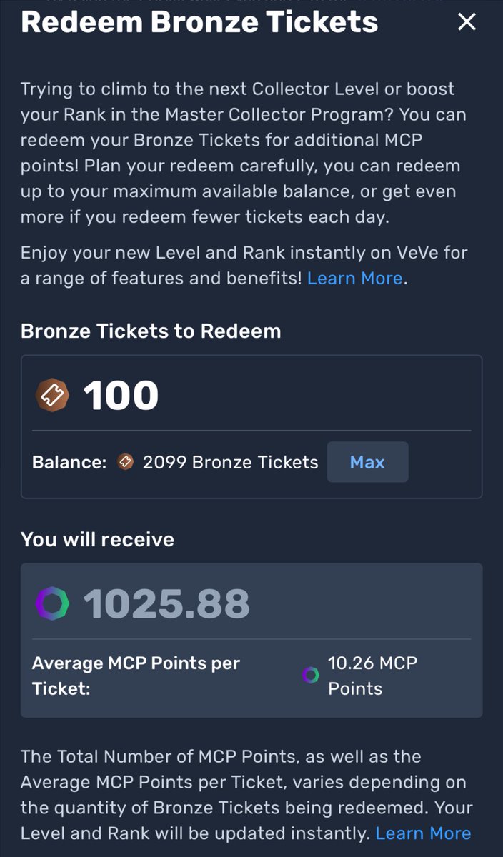 ECOMI | $OMI ⭕️ (@ecomi_) on Twitter photo Looking to participate in the upcoming MCP Rank based crafting on <a href="/veve_official/">VeVe | Digital Collectibles</a> but aren’t currently a Diamond 1 or Master Collector? 🏆
Never miss out on rank based rewards again by using Bronze Tickets 🎟️
Users can redeem Bronze Tickets directly from the #VeVe Web Wallet to Looking to participate in the upcoming MCP Rank based crafting on <a href="/veve_official/">VeVe | Digital Collectibles</a> but aren’t currently a Diamond 1 or Master Collector? 🏆
Never miss out on rank based rewards again by using Bronze Tickets 🎟️
Users can redeem Bronze Tickets directly from the #VeVe Web Wallet to
