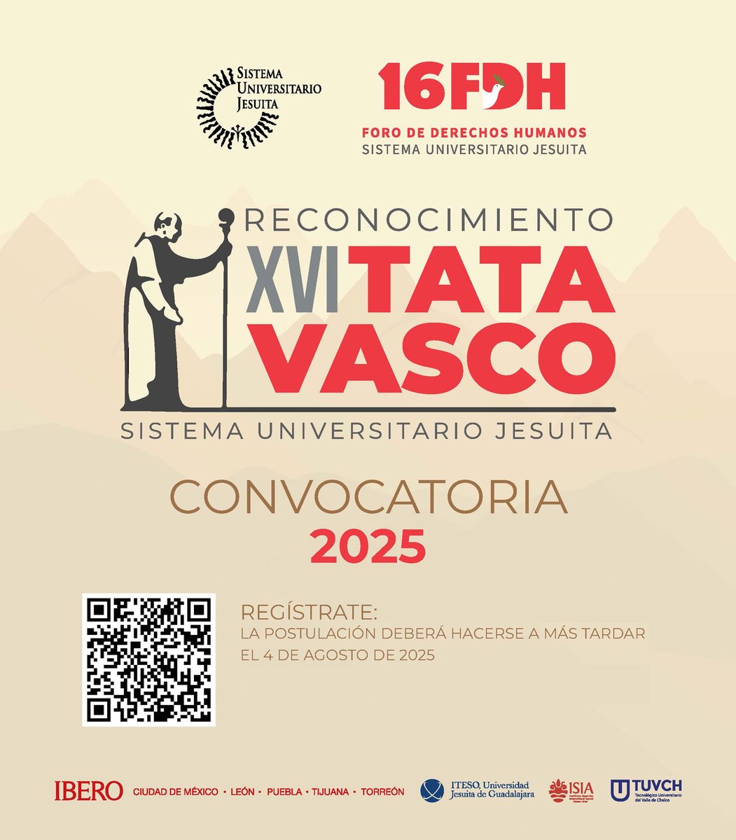 Tecnológico Universitario del Valle de Chalco (@eltuvch) on Twitter photo ¡Hoy cierra la convocatoria al Reconocimiento XVI TATA VASCO 2025!
El <a href="/suj_contigo/">Sistema Universitario Jesuita</a> busca visibilizar a quienes trabajan por la justicia y la dignidad.
La postulación debe realizarse antes de que acabe el día.
Postula aquí: acortar.link/MZlfjH ¡Hoy cierra la convocatoria al Reconocimiento XVI TATA VASCO 2025!
El <a href="/suj_contigo/">Sistema Universitario Jesuita</a> busca visibilizar a quienes trabajan por la justicia y la dignidad.
La postulación debe realizarse antes de que acabe el día.
Postula aquí: acortar.link/MZlfjH