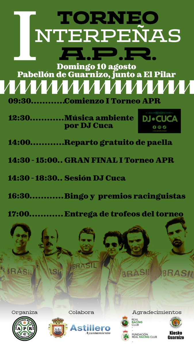 APR Real Racing Club (@apr_racing) on Twitter photo ¿Hay ganas de una jornada Racinguista?
Os esperamos a todos en el pabellón de Guarnizo y en el parking exterior para vivir una gran jornada verdiblanca.
Torneo interpeñas, paella, DJ, bingo...
Os esperamos
<a href="/GradonaMalditos/">Gradona de los Malditos</a>
<a href="/realracingclub/">Real Racing Club</a>
<a href="/RacingFundacion/">Fundación Real Racing Club</a>
<a href="/Astillero_Ayto/">Ayuntamiento de Astillero</a> ¿Hay ganas de una jornada Racinguista?
Os esperamos a todos en el pabellón de Guarnizo y en el parking exterior para vivir una gran jornada verdiblanca.
Torneo interpeñas, paella, DJ, bingo...
Os esperamos
<a href="/GradonaMalditos/">Gradona de los Malditos</a>
<a href="/realracingclub/">Real Racing Club</a>
<a href="/RacingFundacion/">Fundación Real Racing Club</a>
<a href="/Astillero_Ayto/">Ayuntamiento de Astillero</a>