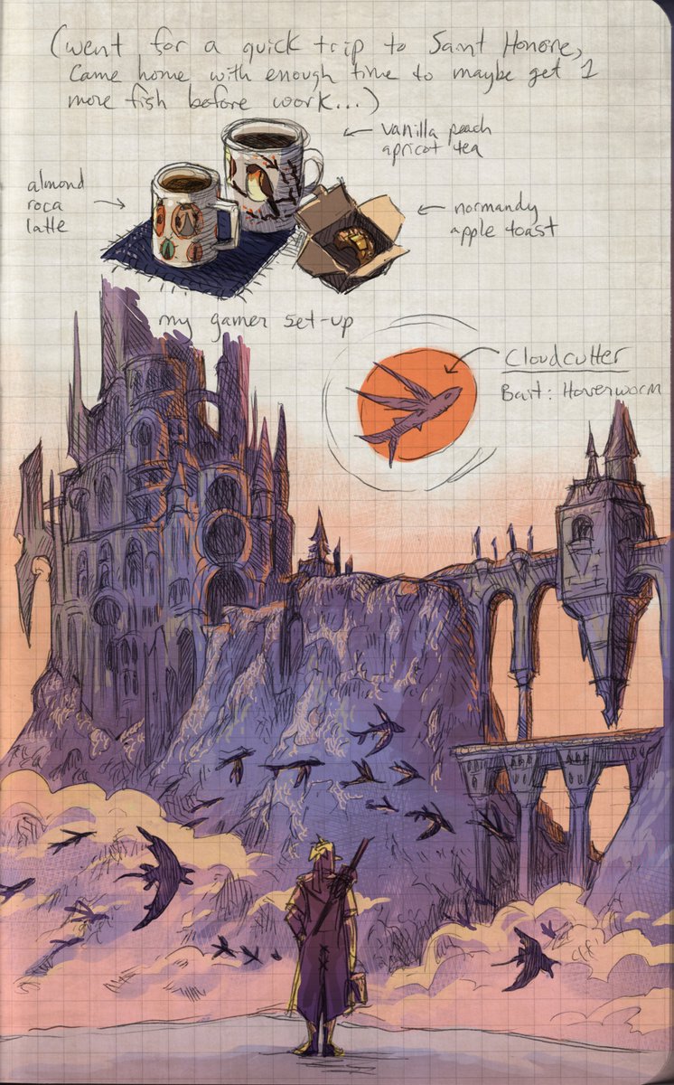 Some pages of a lil ffxiv fishing journal I started, back when I was doing the job quests lol

Kinda wanna do more of these, it was fun🐟🐠🐡