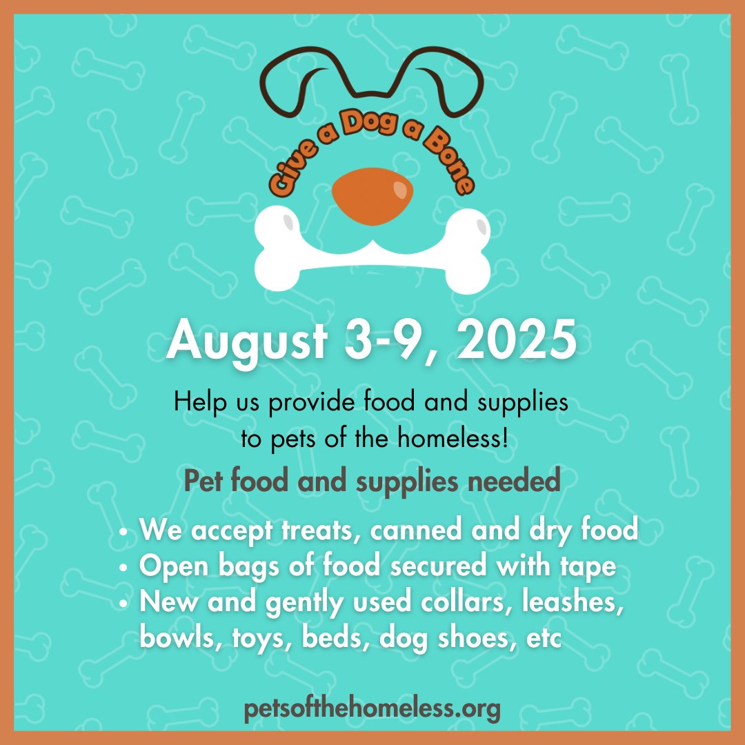 It’s here! Give a Dog a Bone Week kicks off!
From Aug 3–9, we're rallying compassion across the country to help pets of people experiencing homelessness, and we’ve set a $25,000 goal to make it happen. Share this post!
petsofthehomeless.org/giveadogabonew…