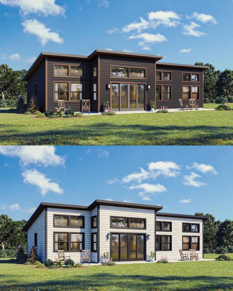 How would you paint the exterior of this Modern House? Top or Bottom?  ⭐💖 

Completed with 1,284 sq. ft., 3 bedrooms, and 2 bathrooms, Plan 1462-00208 offers a one-story home with a kitchen island, an open floor plan, and vaulted ceilings throughout: bit.ly/4m16cFX