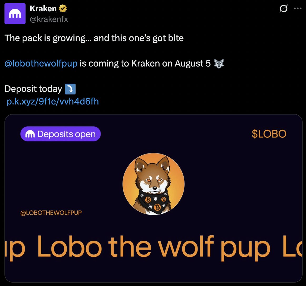 🚨JUST IN: @KrakenFX announces deposits open for $LOBO/USD as Spot Trading begins tomorrow August 5th. 

$LOBO is the 2nd #Runes in history with a Tier 1 Spot Listing 🐺🏆