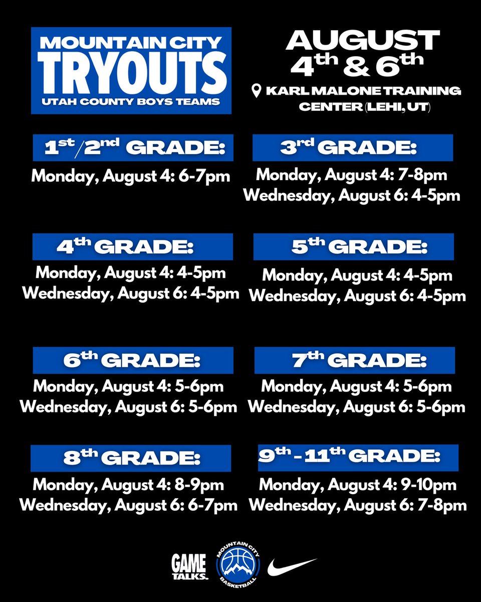 Going on YEAR 6 with Mountain City Basketball Club.

Great program for players in Utah County to be apart of. 1st Grade through High School Boys teams at all levels and a great staff! Tryouts today at Karl Malone Training Center in Lehi‼️

REGISTER📲
boots.collegewarroom.com/Registration/F…