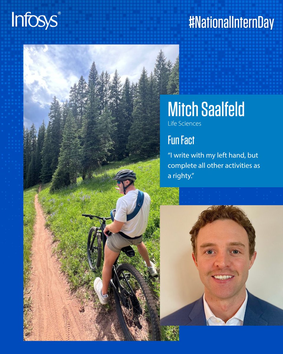 National Intern DAY? Nope, we've been celebrating our incredible Infoscion interns ALL WEEK! 🎉 Meet Mitch Saalfeld, who has been interning with our Life Sciences team here at Infosys Americas. 

This summer, he has been creating a script and journey map for customers navigating