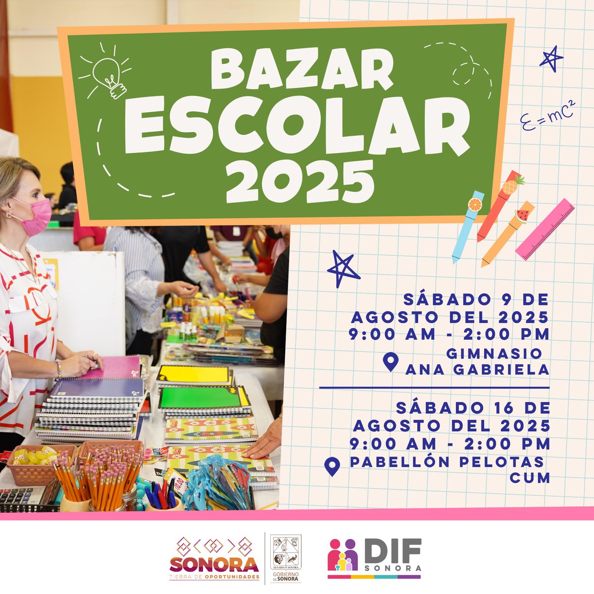 ¡Bazar Escolar de DIF Sonora!

Más productos a precios muy accesibles para este regreso a clases.

Rifas y servicios gratuitos 
¡Te esperamos!

🗓️  9 de agosto
Gimnasio Ana Gabriela Guevara.

🗓️  16 de agosto
Pabellón Pelota CUM.

#SeguimosTransformando