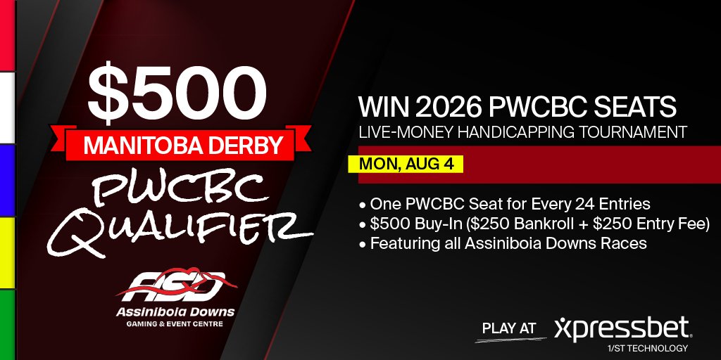 Tyler Frausto (@wageringtyler) on Twitter photo We’re running it back! Another shot to qualify for the Pegasus World Cup Betting Championship in today’s <a href="/AssiniboiaDowns/">Assiniboia Downs</a> Manitoba Derby Qualifier. $500 buy-in for a chance at the $6,000 Championship—don’t miss out!
Details: xpressbet.com/asd-500-8-4-25 We’re running it back! Another shot to qualify for the Pegasus World Cup Betting Championship in today’s <a href="/AssiniboiaDowns/">Assiniboia Downs</a> Manitoba Derby Qualifier. $500 buy-in for a chance at the $6,000 Championship—don’t miss out!
Details: xpressbet.com/asd-500-8-4-25