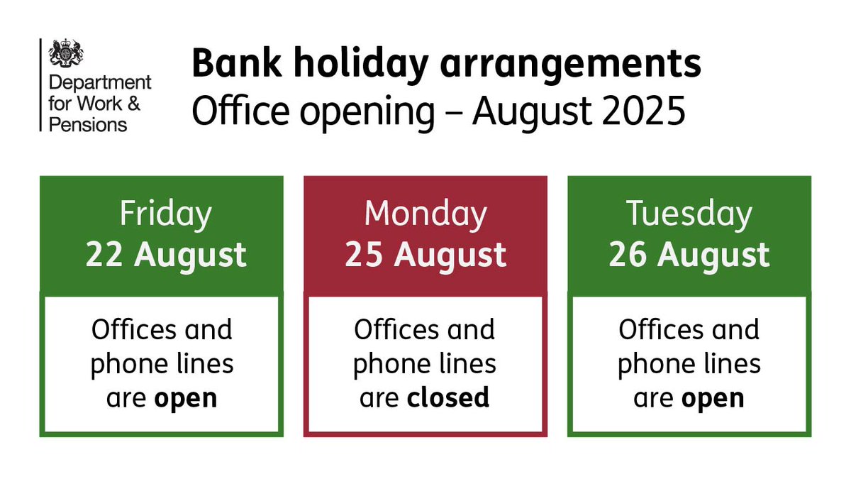 JCPinSouthYorks's tweet photo. August bank holiday office opening:

Changes to our office opening over the bank holiday period https://t.co/xEVUoQGSjC