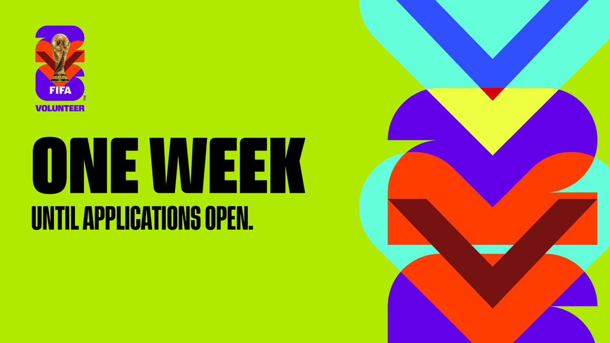 Mark your calendars! Only one week until volunteers can apply to be a part of history at the <a href="/FIFAWorldCup/">FIFA World Cup</a>. 🌍🏆📅 

#WeAre26 #BeatAsOne #FIFAWorldCup26