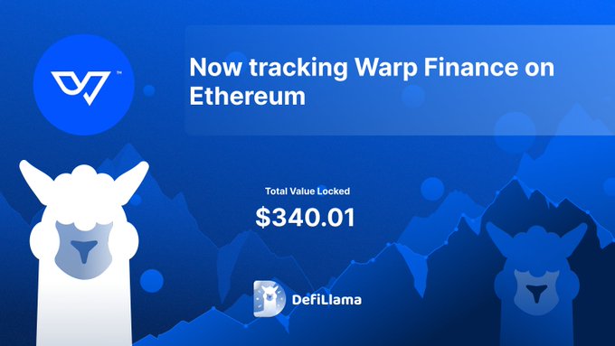 DefiLlama tracking Warp Finance on Ethereum with a Total Value Locked of $340.01
