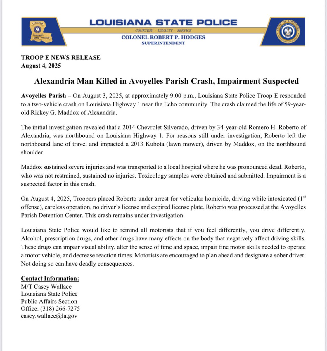Alexandria Man Killed in Avoyelles Parish Crash, Impairment Suspected