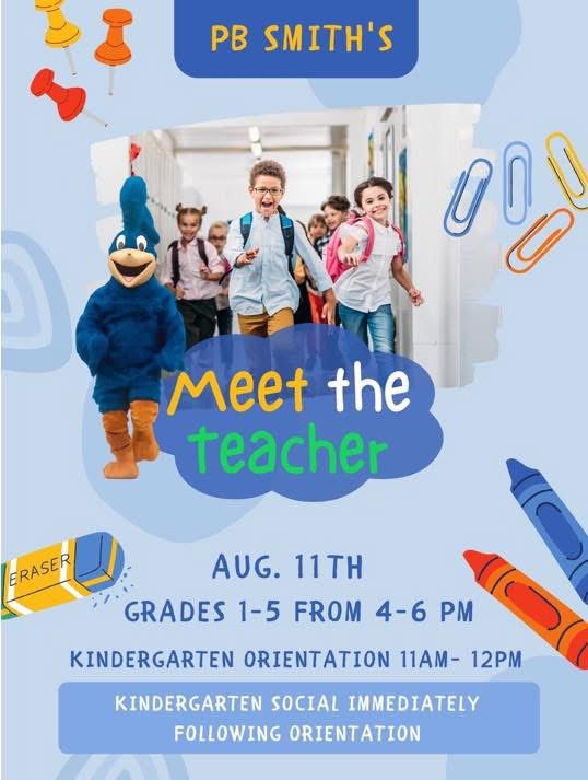 Get ready,Roadrunners! PB Smith’s Meet the Teacher event is right around the corner! 

Kindergarten Social with popsicles will be on the playground immediately following orientation. 

Bring your smiles and school spirit—we can’t wait to see you there! 💙💛#BeepBeep