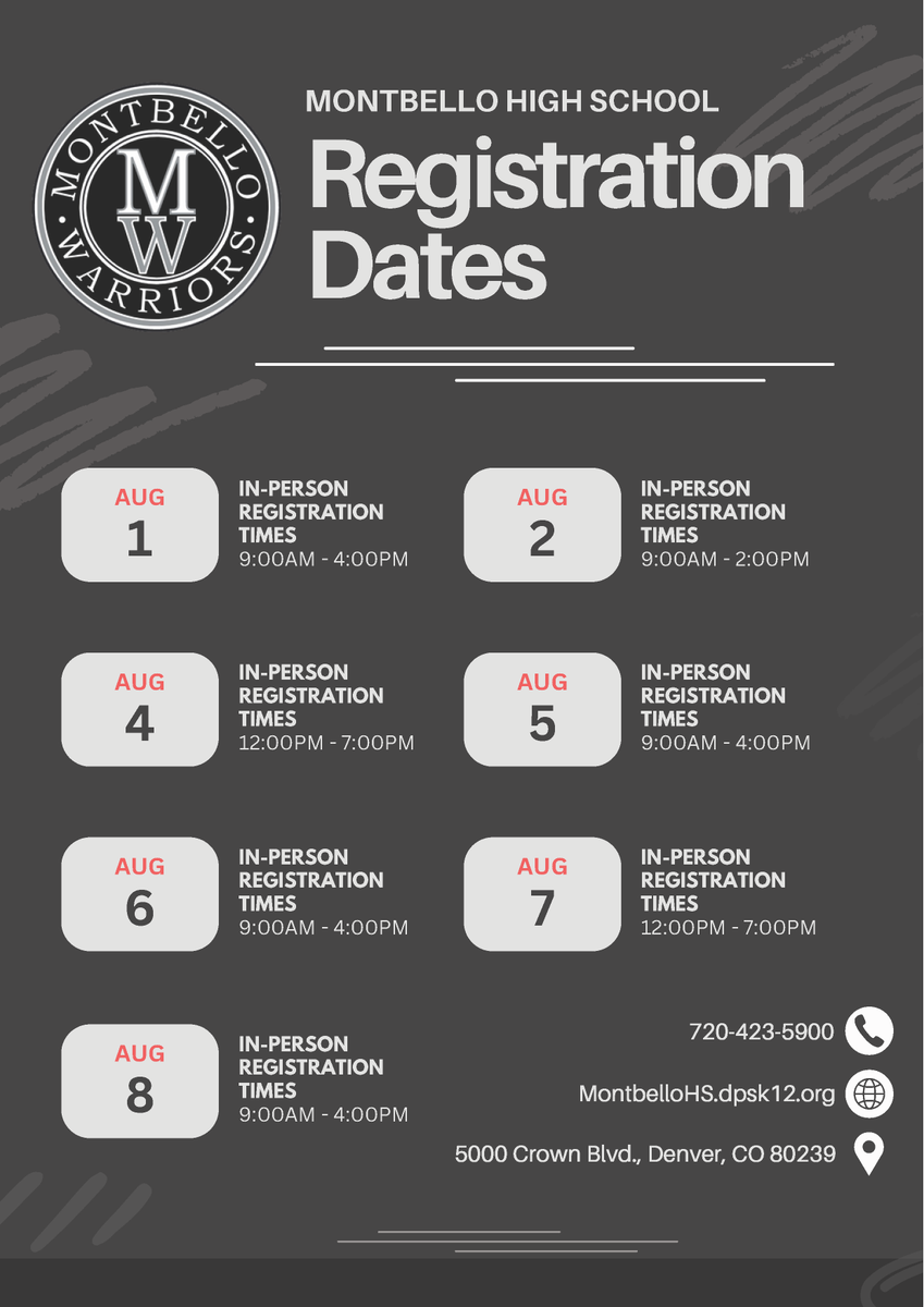 MontbelloHigh's tweet photo. In-Person Registration will be here again tomorrow - Tuesday, August 5th from 9am to 4pm! Please enter through the Athletic Entrance on the east side of the building. https://t.co/Je0FKwu3fI