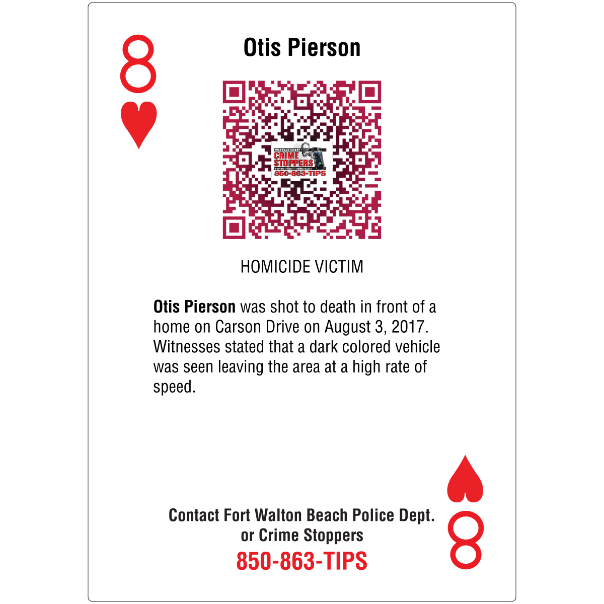 EC Crime Stoppers (@eccstips) on Twitter photo Otis Pierson was shot and killed in front of a house on Carson Dr. in FWB on 08/02/2017. Witnesses report a dark-colored vehicle quickly fled the scene. Submit tips to <a href="/eccsTIPS/">EC Crime Stoppers</a> anonymously:
☎️Call 863-TIPS (863-8477)
📲Download the P3 Tips App
💻EmeraldCoastCrimeStoppers.com Otis Pierson was shot and killed in front of a house on Carson Dr. in FWB on 08/02/2017. Witnesses report a dark-colored vehicle quickly fled the scene. Submit tips to <a href="/eccsTIPS/">EC Crime Stoppers</a> anonymously:
☎️Call 863-TIPS (863-8477)
📲Download the P3 Tips App
💻EmeraldCoastCrimeStoppers.com