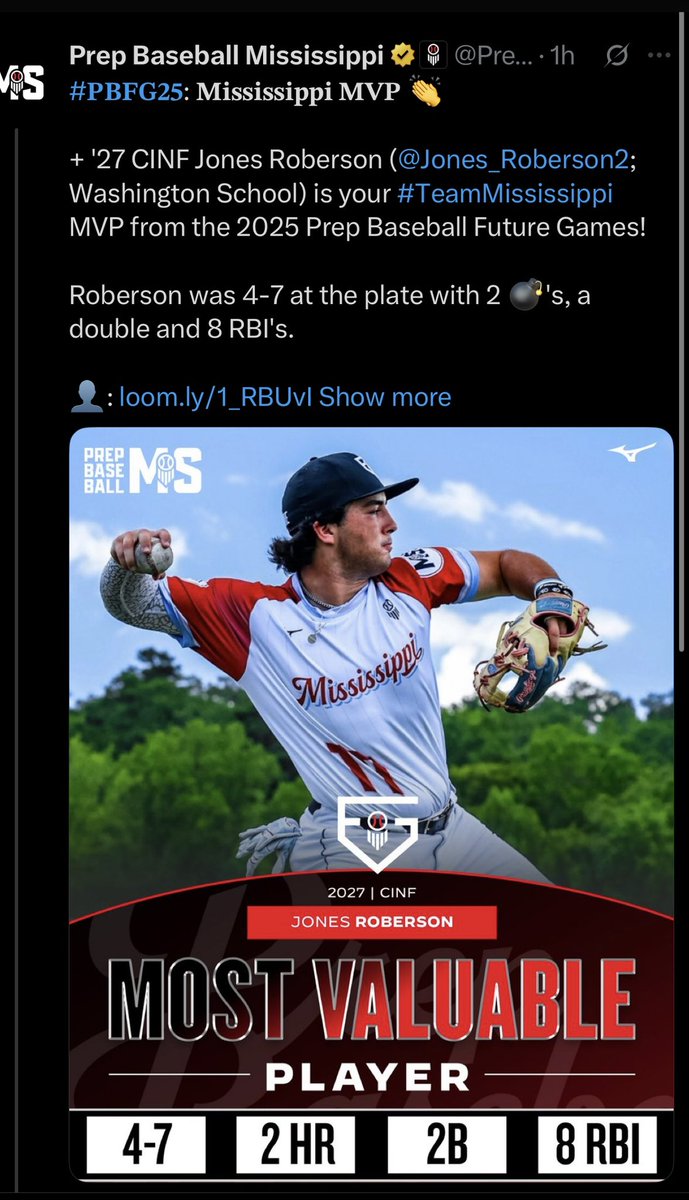 Jones Roberson (@jones_roberson2) on Twitter photo I am so thankful to have received MVP for Team Mississippi at the Future Games!! Thank you so much <a href="/mattmiller59/">Matt Miller</a> for choosing me to help represent Team Mississippi! It’s an honor to play with such great talent!! <a href="/ShooterHunt/">Shooter Hunt</a> <a href="/prepbaseball/">Prep Baseball</a> <a href="/PrepBaseballMS/">Prep Baseball Mississippi</a> <a href="/pbtscouting/">Prep Baseball Scouting</a> I am so thankful to have received MVP for Team Mississippi at the Future Games!! Thank you so much <a href="/mattmiller59/">Matt Miller</a> for choosing me to help represent Team Mississippi! It’s an honor to play with such great talent!! <a href="/ShooterHunt/">Shooter Hunt</a> <a href="/prepbaseball/">Prep Baseball</a> <a href="/PrepBaseballMS/">Prep Baseball Mississippi</a> <a href="/pbtscouting/">Prep Baseball Scouting</a>
