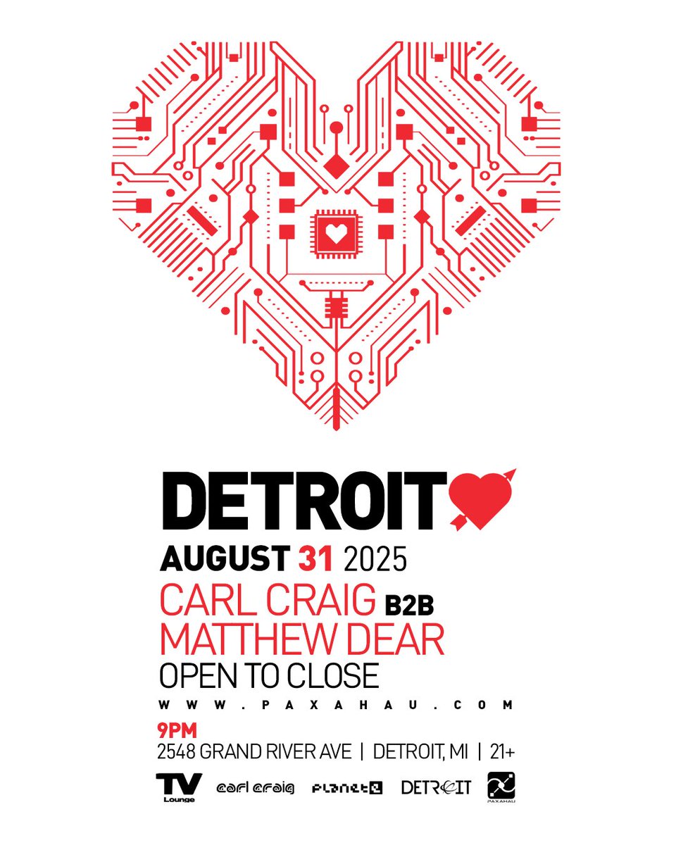 Movement Presents (@movementpres) on Twitter photo Detroit Love taking over TV Lounge... it just makes sense β€οΈβ
β
Witness Techno legend and Detroit Love founder <a href="/carlcraignet/">RIDE OR DIE</a> alongside producer, vocalist, and boundary-pushing artist on Sunday 8/31 π₯β
β
π Get tickets now β paxahau.com (link in bio) Detroit Love taking over TV Lounge... it just makes sense β€οΈβ
β
Witness Techno legend and Detroit Love founder <a href="/carlcraignet/">RIDE OR DIE</a> alongside producer, vocalist, and boundary-pushing artist on Sunday 8/31 π₯β
β
π Get tickets now β paxahau.com (link in bio)