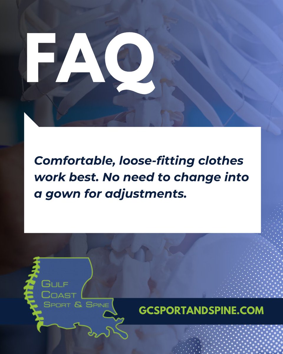 GCSS_Chiro's tweet image. Optimize your chiropractic experience by wearing comfortable, flexible clothing that allows full range of motion! Athletic wear, yoga attire, or loose-fitting casual clothes work perfectly.

#crackdat #chiropracticcare #holistichealth #FAQseries