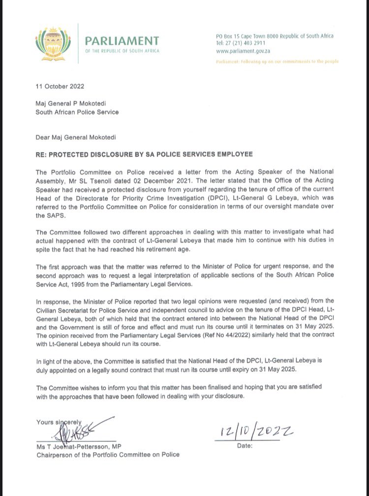 I followed protocol to contest the unlawfulness of the tenure of former Hawks Lt Gen Lebeya. The rest is history.