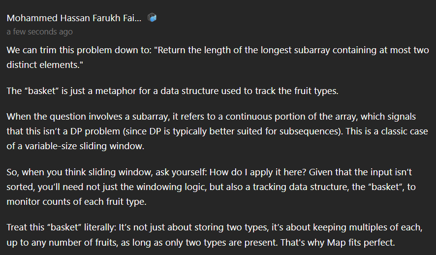 TheHumbledOne_1's tweet photo. Was doing today's #leetcode 's #POTD . 
Leetcode - 904: Fruits into Baskets

Here's the problem statement and my gyan(intuition behind the approach)

#leetcode #leetcodepotd #codingchallenge #dailycoding #problemoftheday #techinterviewprep #DSA #slidingwindow #hashmaplogic https://t.co/TNuzxPy6iF