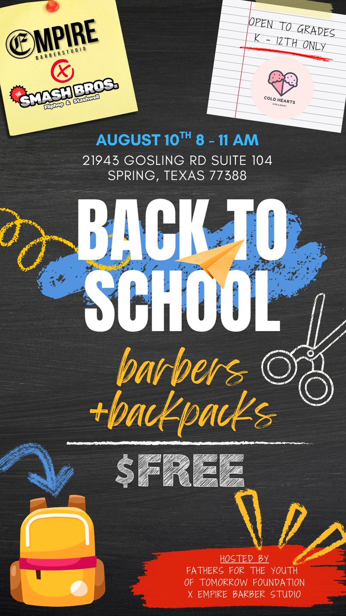 JDIAZtheBARBER's tweet photo. Free back to school event Sunday August 10 ! 8am-11am! Empire Barber Studio Spring Texas !  While supplies last! https://t.co/33XjfQbgMN
