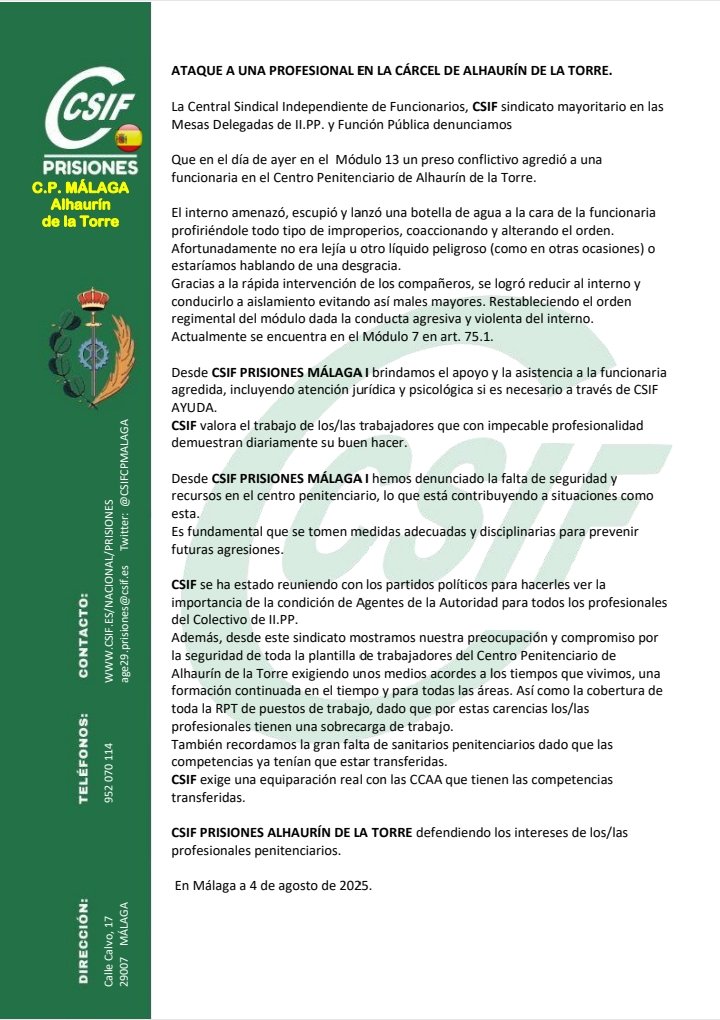 Teresa LY. (@teresaly) on Twitter photo <a href="/CSIFPRISIONES/">CSIF PRISIONES</a> <a href="/CSIFIIPPANDALUC/">CSIF IIPP Andalucía</a> 
<a href="/CSIFMalaga/">CSIF Málaga</a> 
<a href="/PRISIONESMALAGA/">PRISIONES MÁLAGA</a> 
CSIF PRISIONES MÁLAGA I denuncia agresión a una profesional y destaca el impecable trabajo de la plantilla del centro penitenciario de Alhaurín de la Torre 👇🏻. <a href="/CSIFPRISIONES/">CSIF PRISIONES</a> <a href="/CSIFIIPPANDALUC/">CSIF IIPP Andalucía</a> 
<a href="/CSIFMalaga/">CSIF Málaga</a> 
<a href="/PRISIONESMALAGA/">PRISIONES MÁLAGA</a> 
CSIF PRISIONES MÁLAGA I denuncia agresión a una profesional y destaca el impecable trabajo de la plantilla del centro penitenciario de Alhaurín de la Torre 👇🏻.