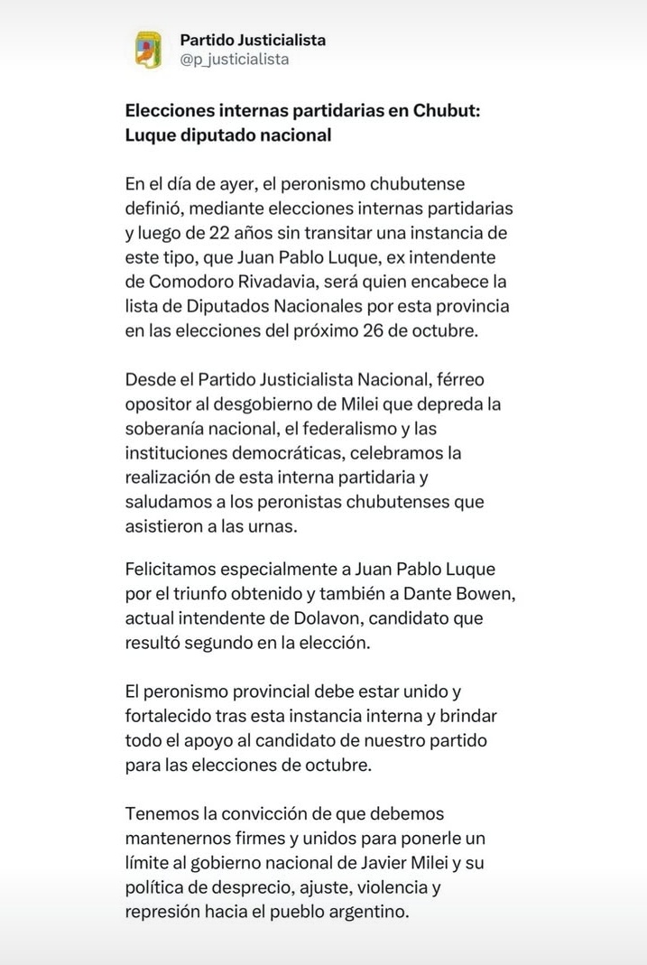 Cristina San Juan (@crissanjuanchub) on Twitter photo El Partido Justicialista Nacional felicita a <a href="/luquejuanpablo/">Juan Pablo Luque</a> y a <a href="/dantebowen/">Dante Bowen</a> por las elecciones internas del <a href="/p_justicialista/">Partido Justicialista</a>
<a href="/LinaresCarlosCR/">Carlos Linares</a> Consejero Titular y <a href="/crissanjuanchub/">Cristina San Juan</a> Consejera Suplente ✌🏻✌🏻✌🏻
Abrazo compañero a cada uno de UD.
<a href="/FitaGustavo/">Gustavo Fita</a> <a href="/ColinirEma/">Coliñir Emanuel</a> El Partido Justicialista Nacional felicita a <a href="/luquejuanpablo/">Juan Pablo Luque</a> y a <a href="/dantebowen/">Dante Bowen</a> por las elecciones internas del <a href="/p_justicialista/">Partido Justicialista</a>
<a href="/LinaresCarlosCR/">Carlos Linares</a> Consejero Titular y <a href="/crissanjuanchub/">Cristina San Juan</a> Consejera Suplente ✌🏻✌🏻✌🏻
Abrazo compañero a cada uno de UD.
<a href="/FitaGustavo/">Gustavo Fita</a> <a href="/ColinirEma/">Coliñir Emanuel</a>