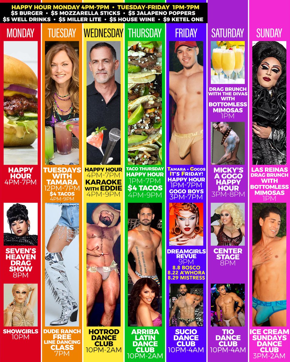 Wanna know what's happening at
MICKY'S? Here's your weekly calendar full of happy hours, line dancing, karaoke, drag shows, gogo-boy-filled parties, brunches and special events like DREAMGIRLS WITH #BOSCO!
Take a #screenshot and you'll always know where everyone is at!
