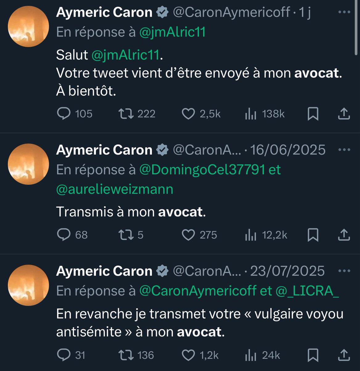 Aymeric Caron il fait quoi de ses journées à part transmettre des tweets à son avocat ? 😅